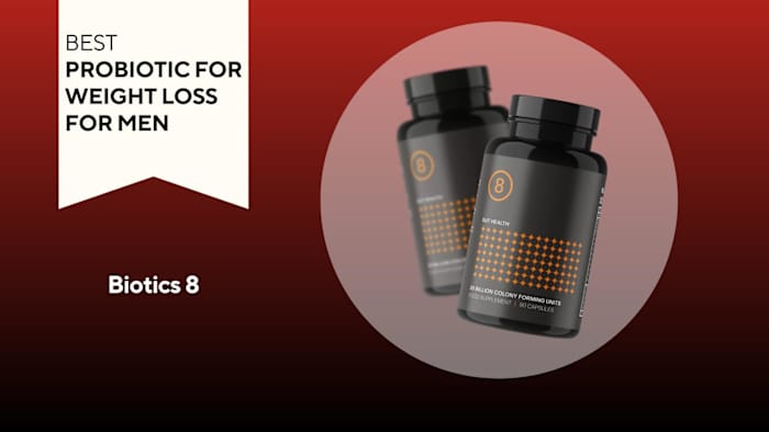 A red and black background with a white banner that reads Best Probiotic for Weight Loss for Men beside two black bottles of Biotics 8 probiotic supplement